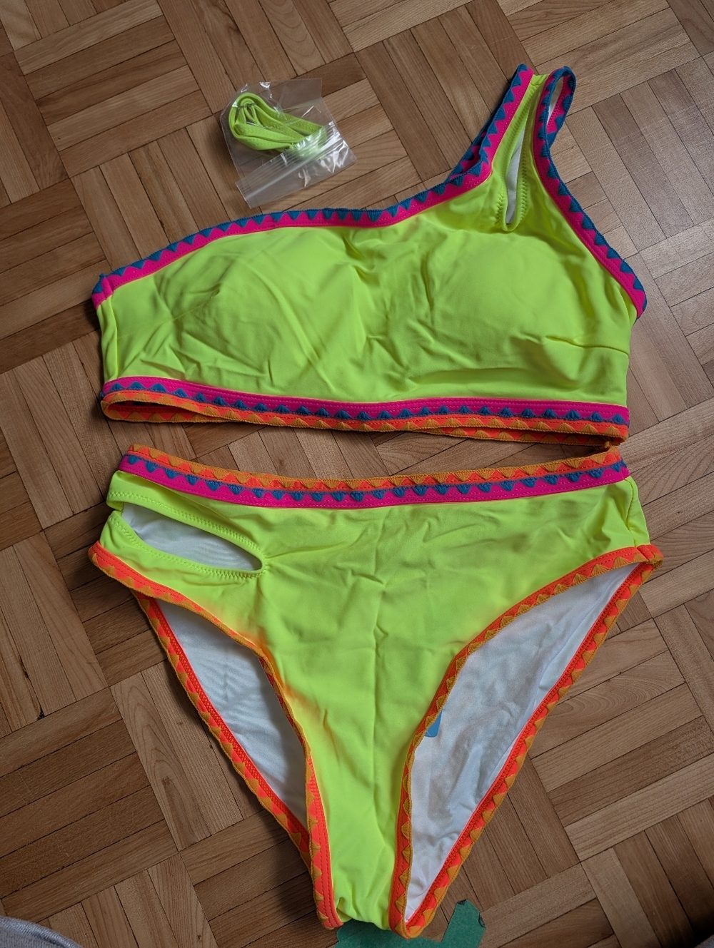 Neon Yellow One-Shoulder Bikini with Multicolor Trim